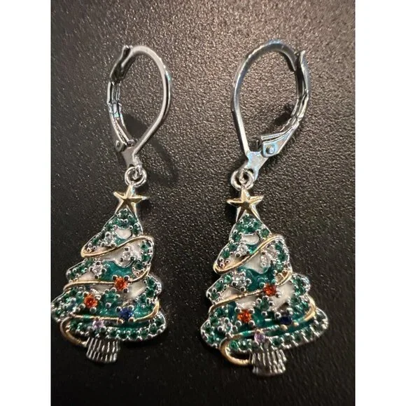Christmas Tree Earrings With Colorful Rhinestones & Leverback Closure - Picture 6 of 6